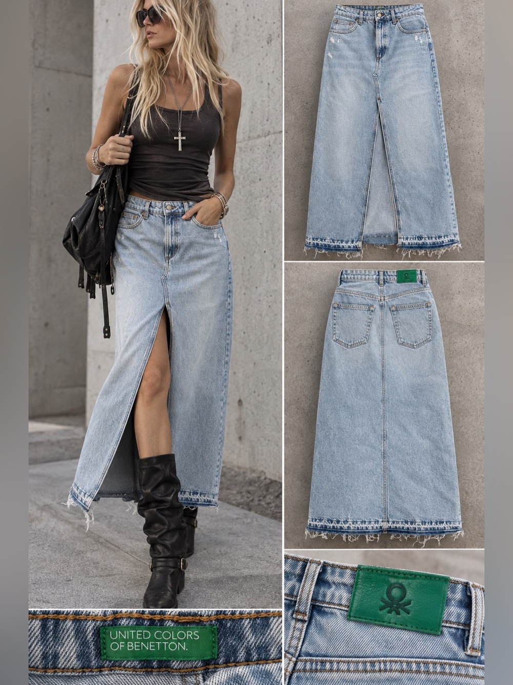 United Colors of Benetton Distressed Denim Maxi Skirt Light Wash NWT Size 6